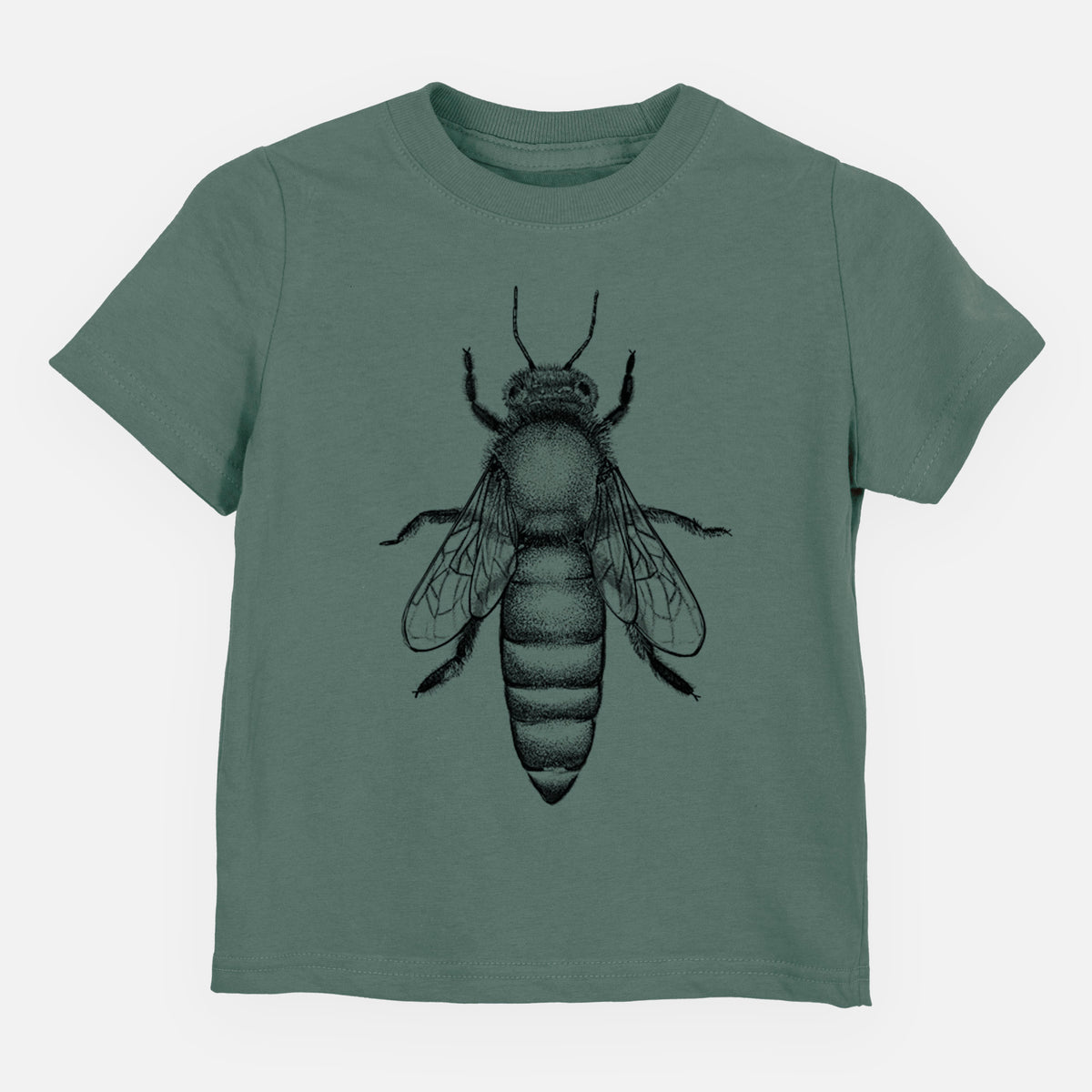 Basil green toddler t-shirt laid flat, printed with a detailed black ink illustration of a queen honey bee, seen from above.