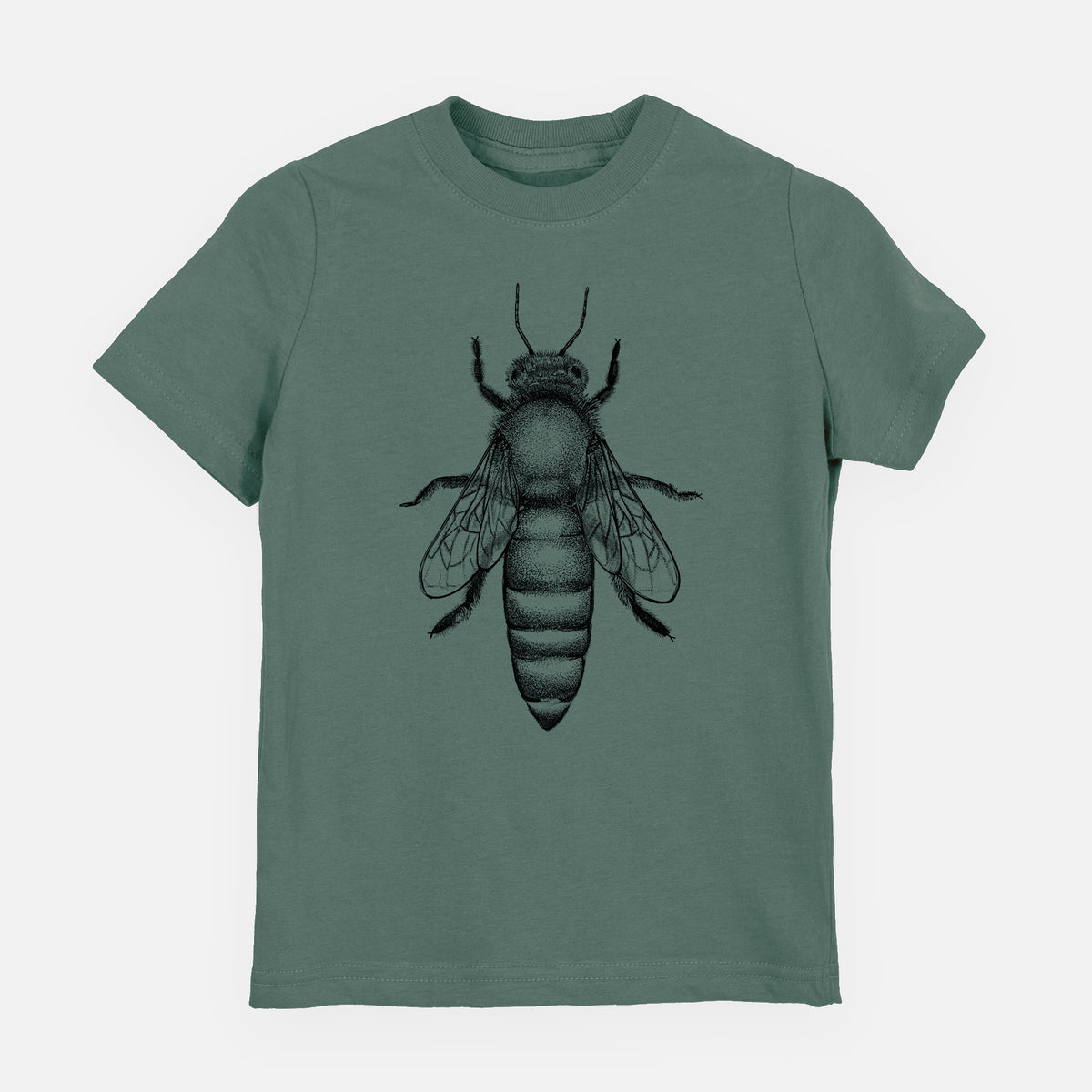 Basil green youth t-shirt laid flat, printed with a detailed black ink illustration of a queen honey bee, seen from above.