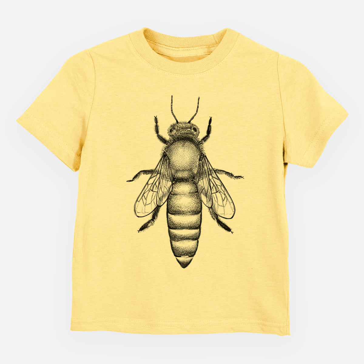 Butter yellow toddler t-shirt laid flat, printed with a detailed black ink illustration of a queen honey bee, seen from above.