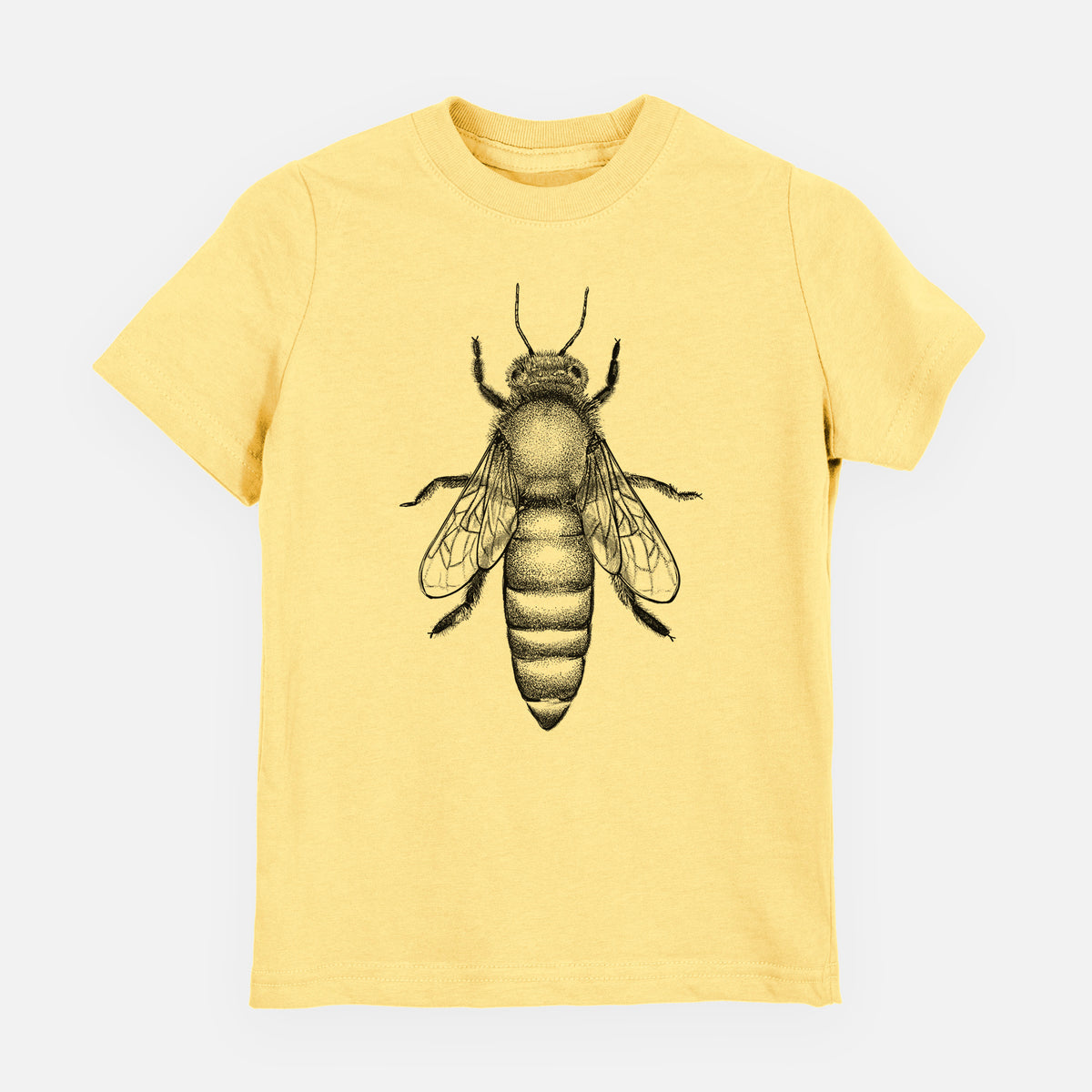 Butter yellow youth t-shirt laid flat, printed with a detailed black ink illustration of a queen honey bee, seen from above.