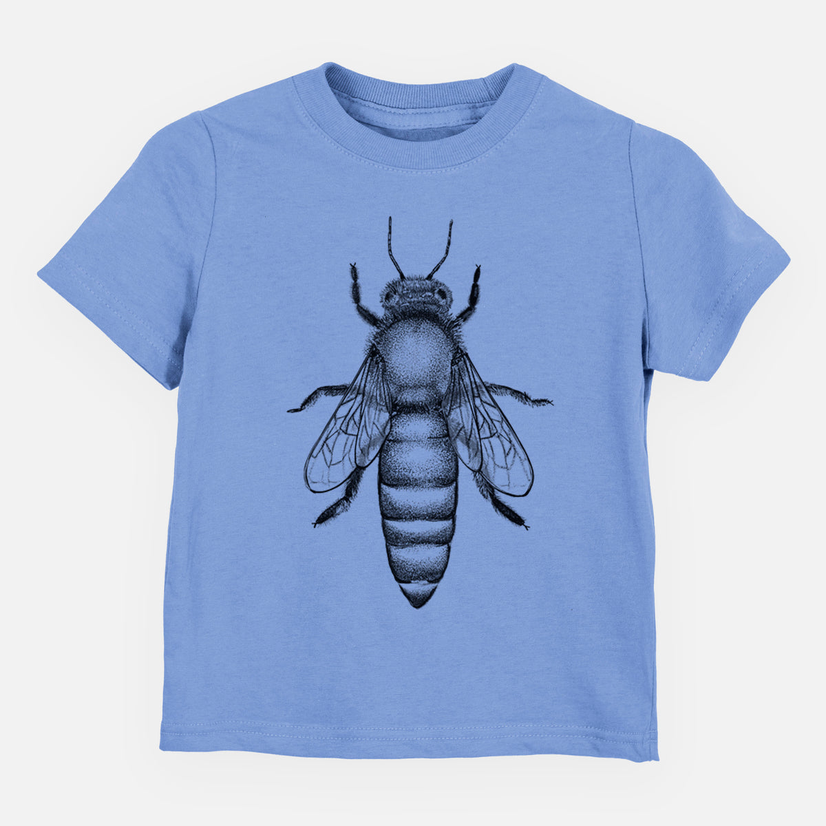 Carolina blue toddler t-shirt laid flat, printed with a detailed black ink illustration of a queen honey bee, seen from above.