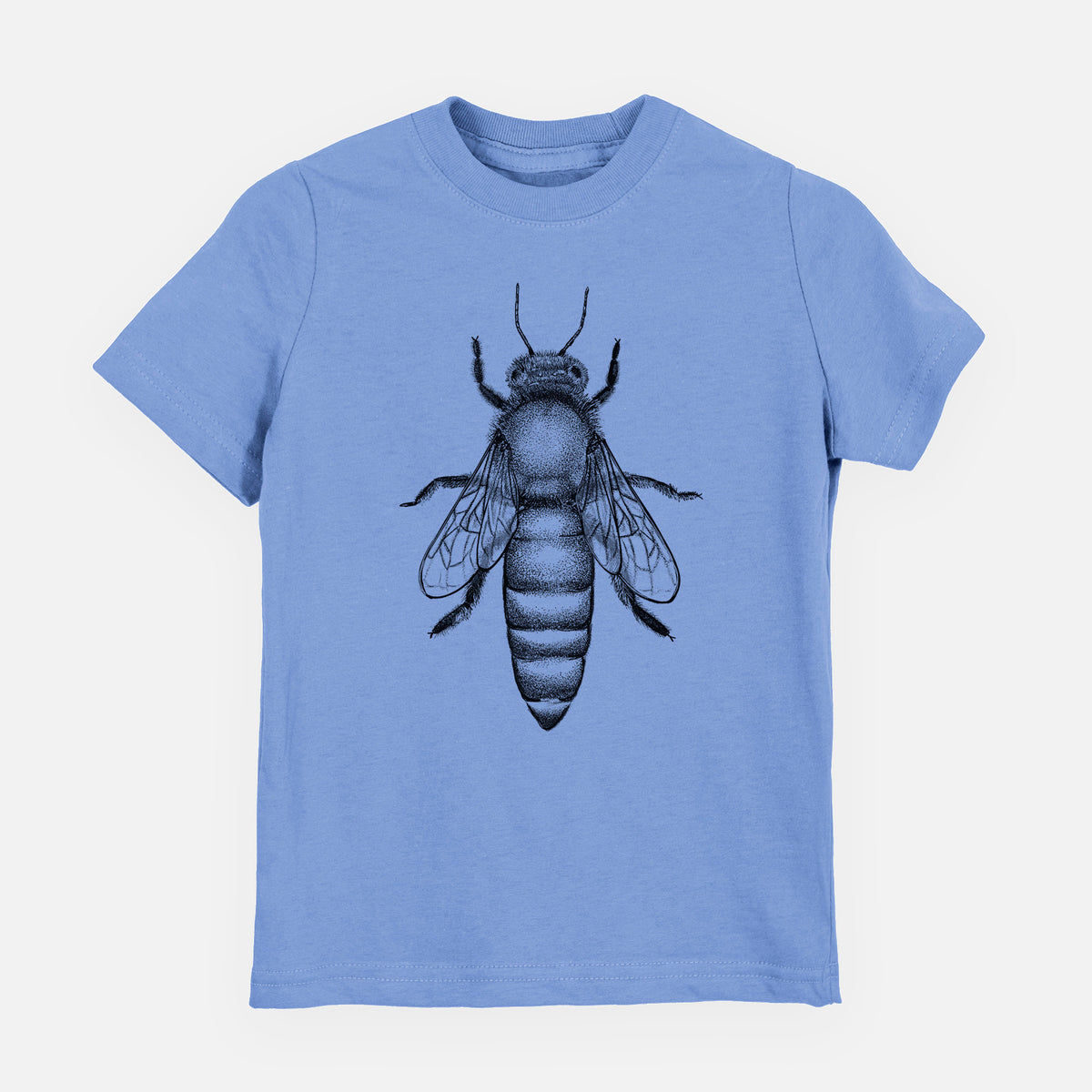 Carolina blue youth t-shirt laid flat, printed with a detailed black ink illustration of a queen honey bee, seen from above.