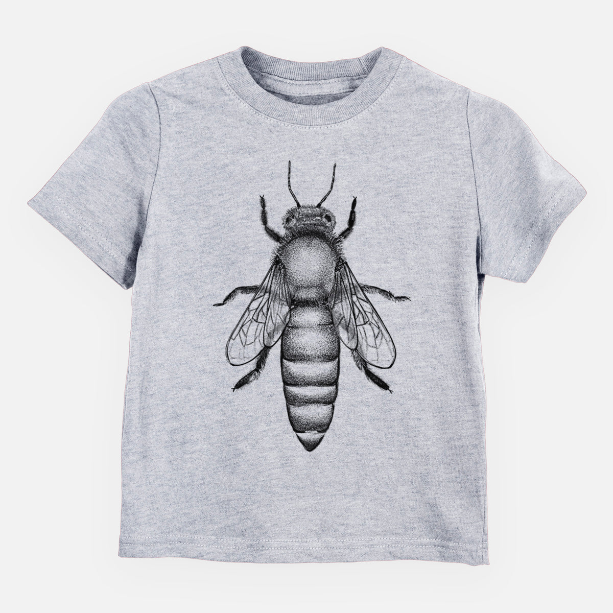Heather grey toddler t-shirt laid flat, printed with a detailed black ink illustration of a queen honey bee, seen from above.