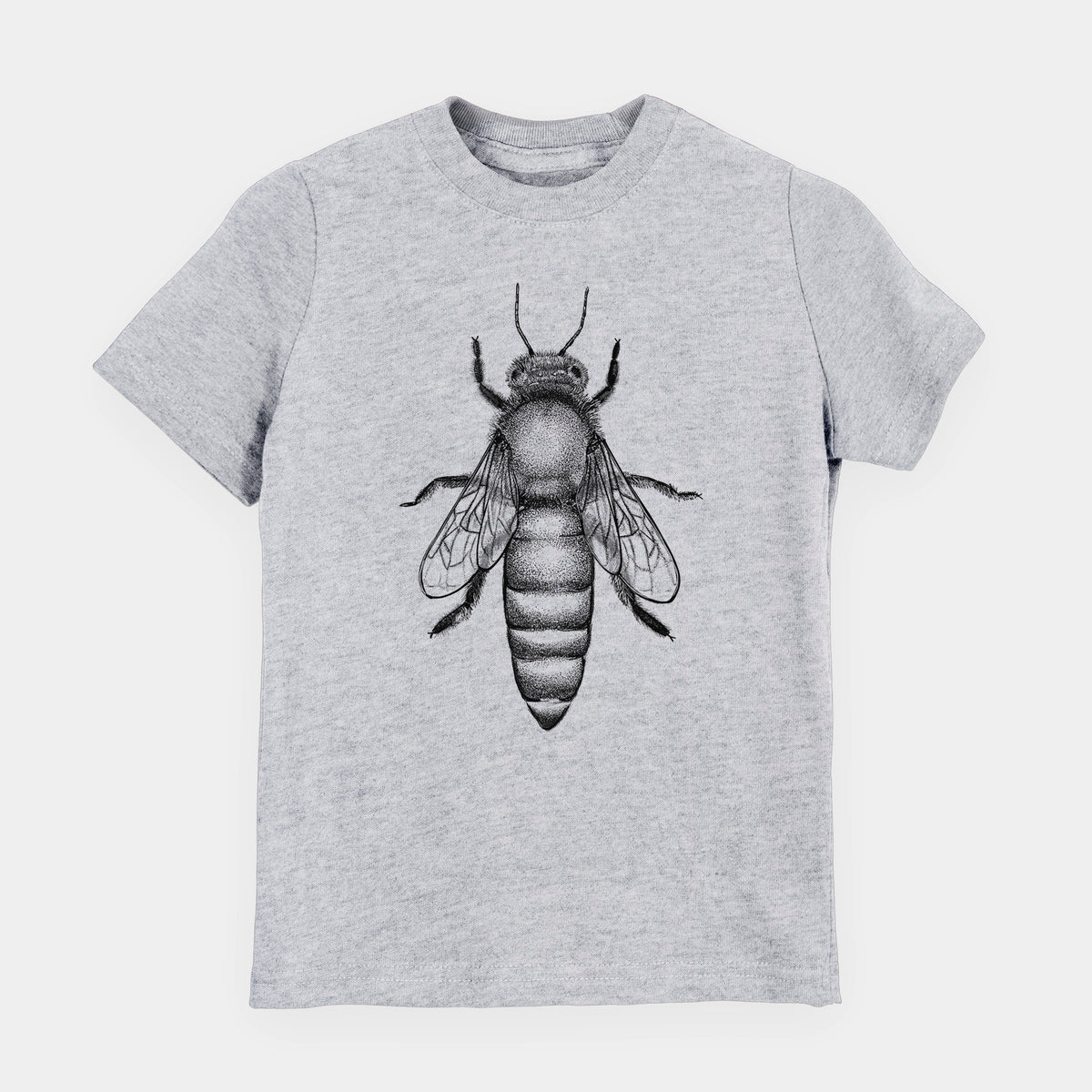 Heather grey youth t-shirt laid flat, printed with a detailed black ink illustration of a queen honey bee, seen from above.