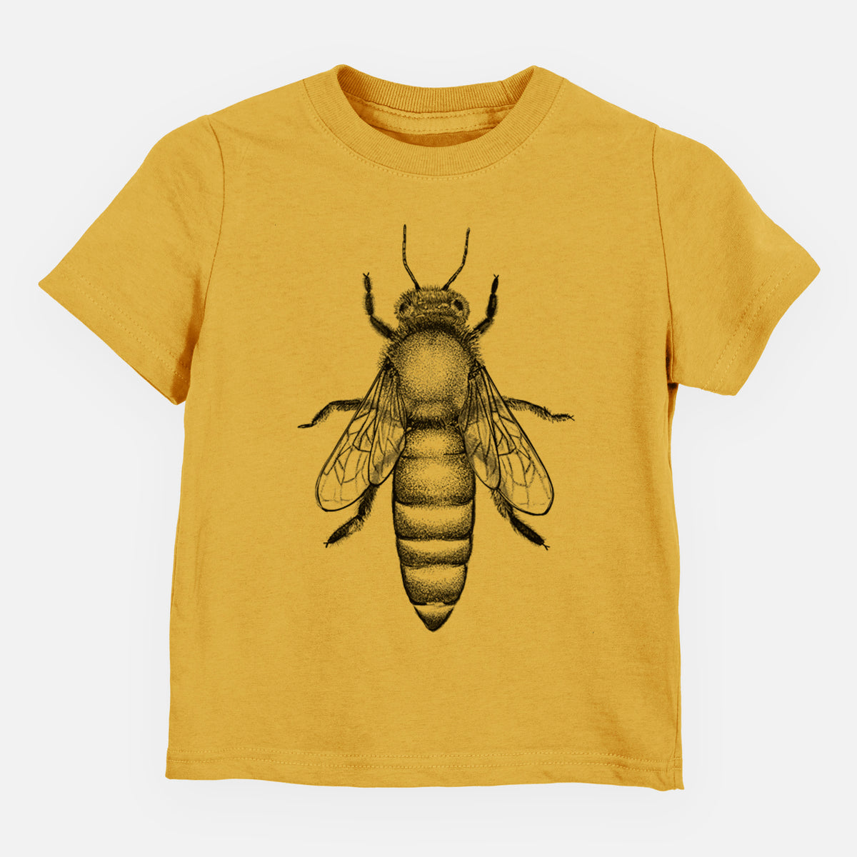 Honeycomb yellow toddler t-shirt laid flat, printed with a detailed black ink illustration of a queen honey bee, seen from above.