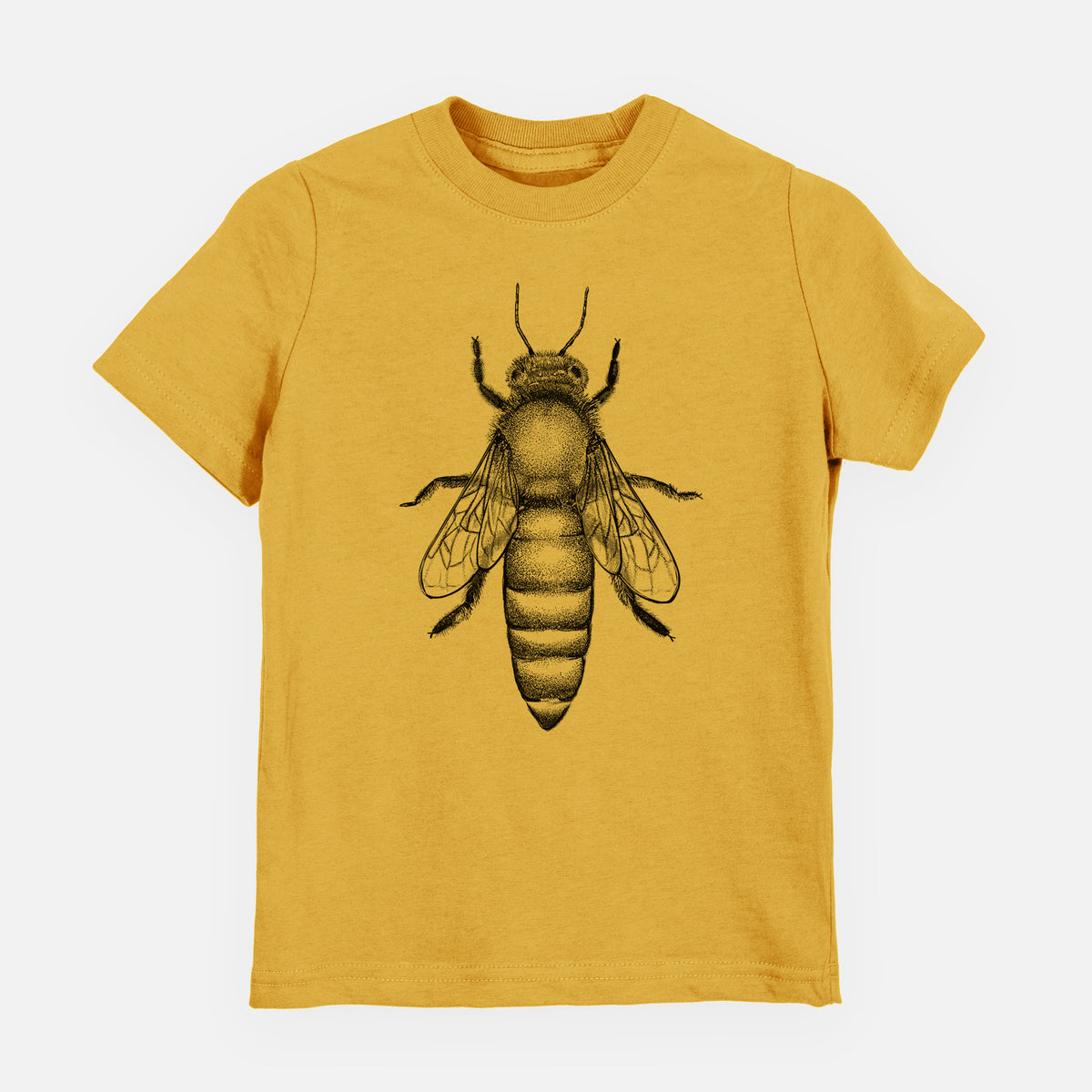 Honeycomb yellow youth t-shirt laid flat, printed with a detailed black ink illustration of a queen honey bee, seen from above.