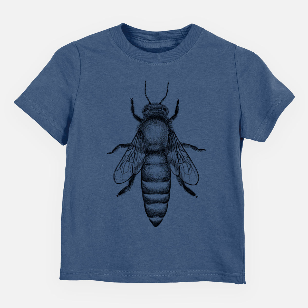 Indigo blue toddler t-shirt laid flat, printed with a detailed black ink illustration of a queen honey bee, seen from above.