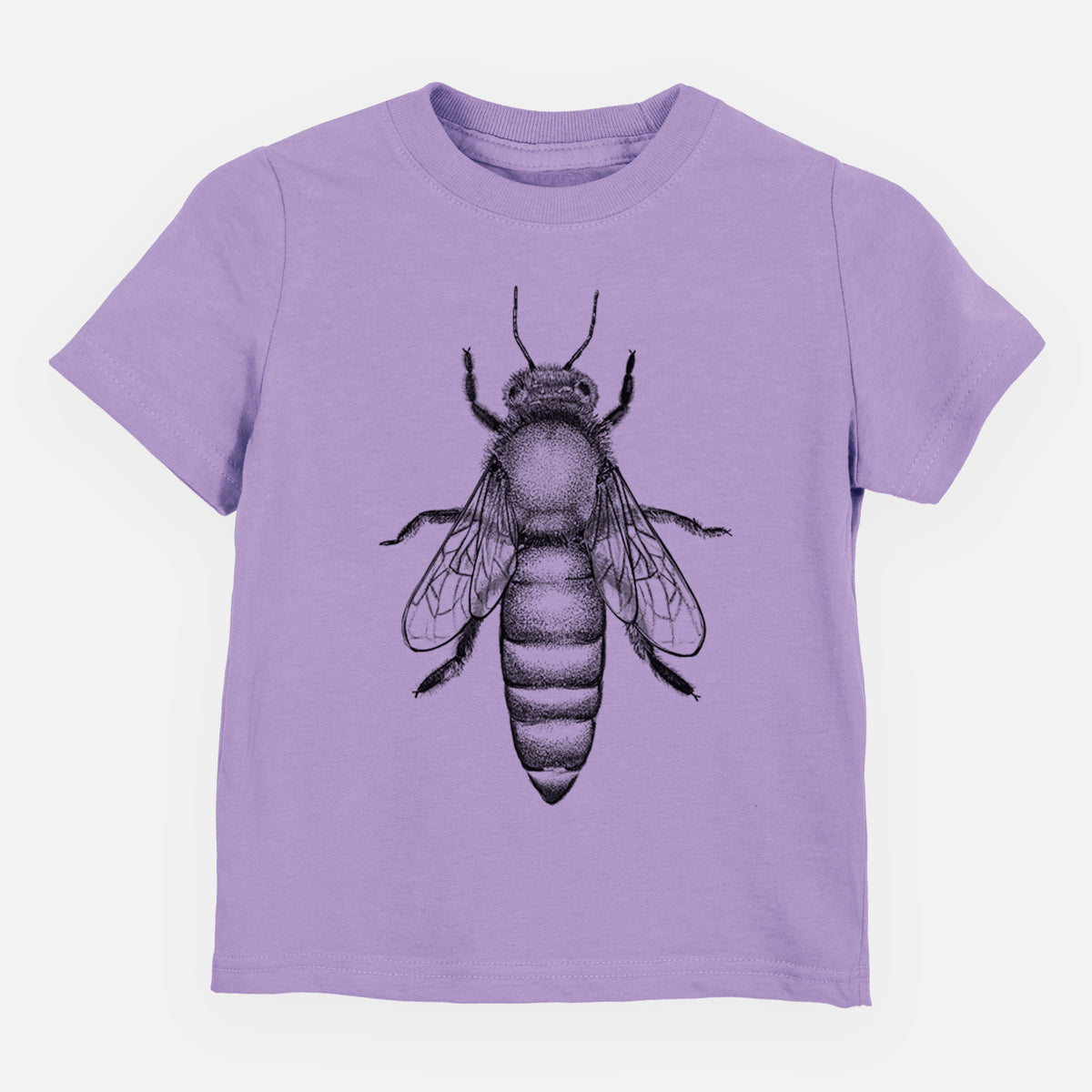 Lavender toddler t-shirt laid flat, printed with a detailed black ink illustration of a queen honey bee, seen from above.