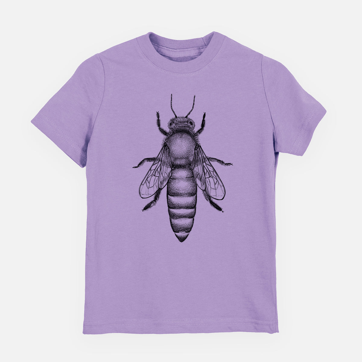Lavender youth t-shirt laid flat, printed with a detailed black ink illustration of a queen honey bee, seen from above.