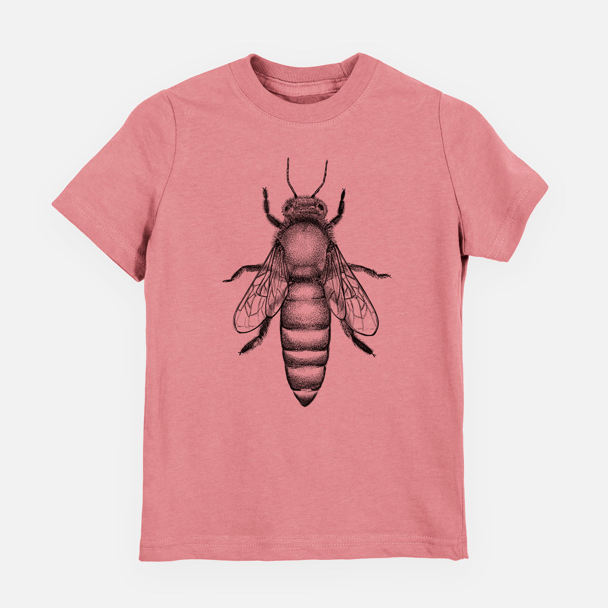 Mauve pink youth t-shirt laid flat, printed with a detailed black ink illustration of a queen honey bee, seen from above.