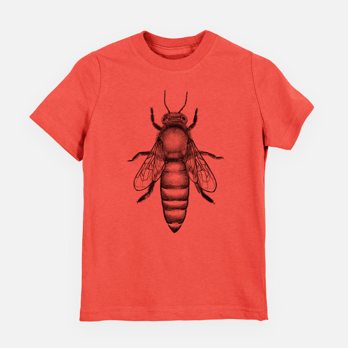 Passionfruit pink youth t-shirt laid flat, printed with a detailed black ink illustration of a queen honey bee, seen from above.