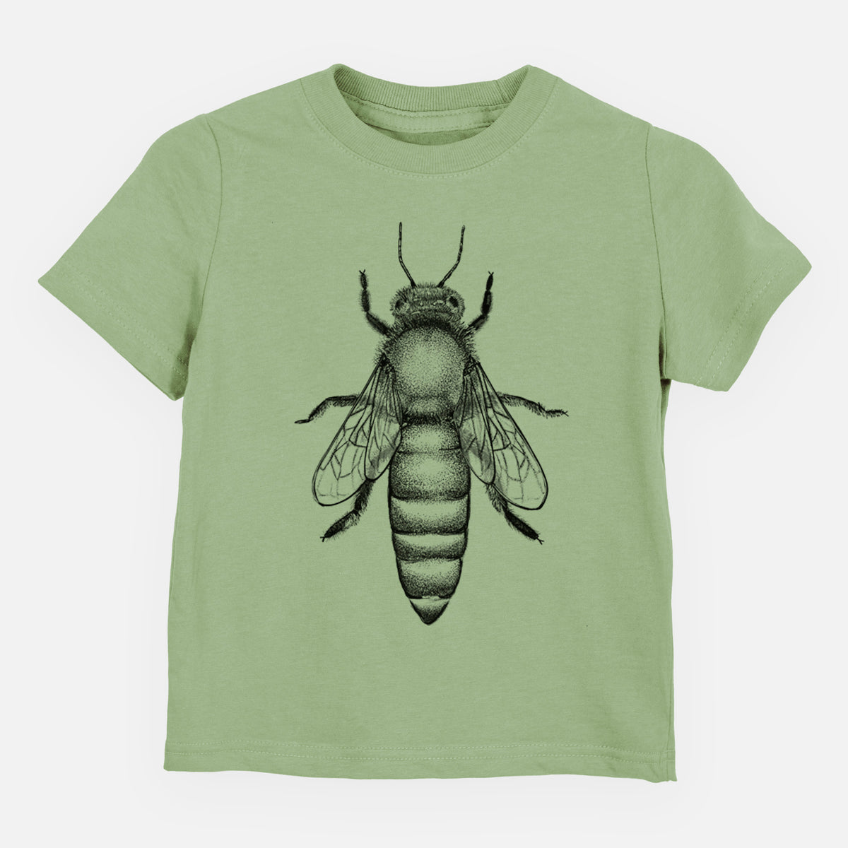 Sage green toddler t-shirt laid flat, printed with a detailed black ink illustration of a queen honey bee, seen from above.