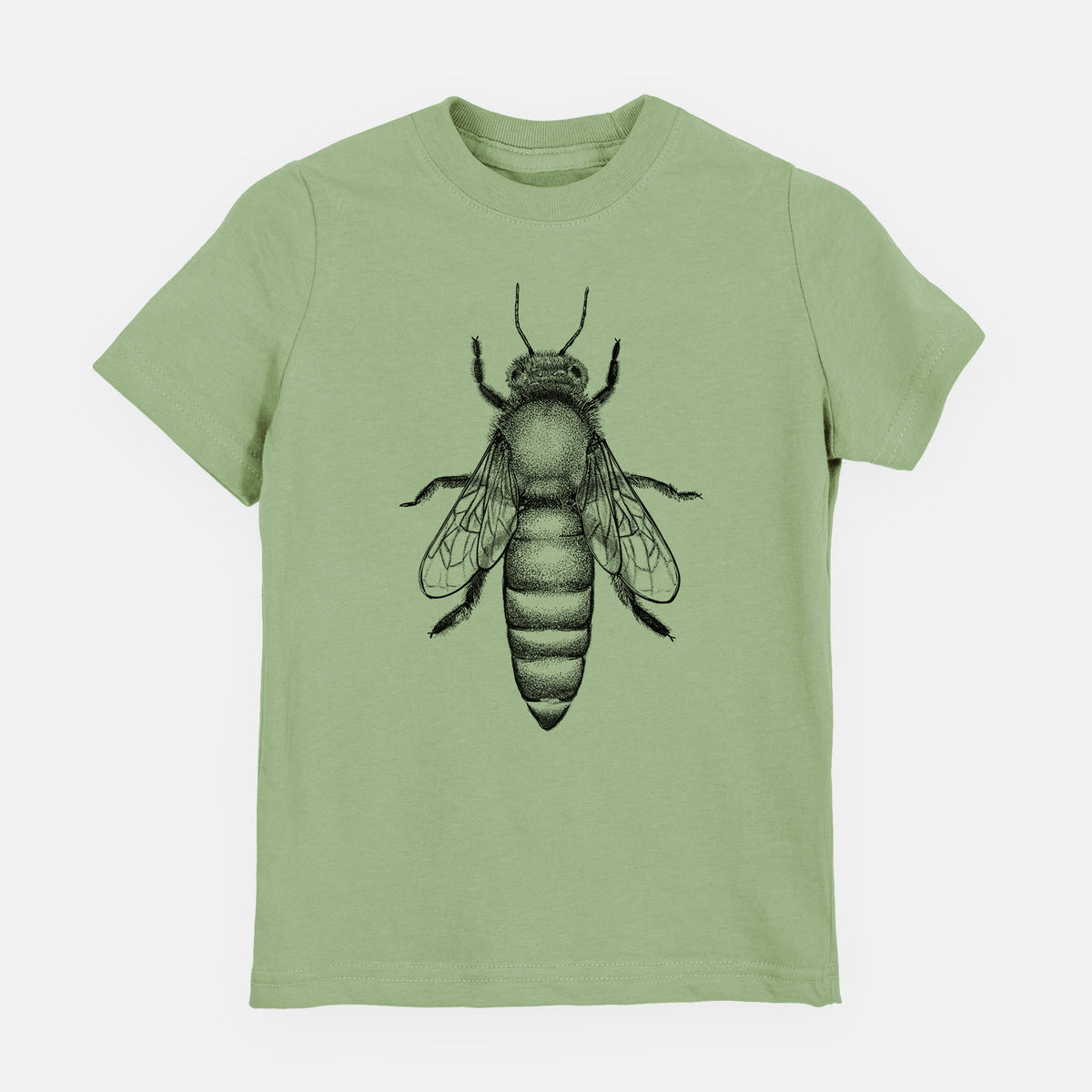 Sage green youth t-shirt laid flat, printed with a detailed black ink illustration of a queen honey bee, seen from above.