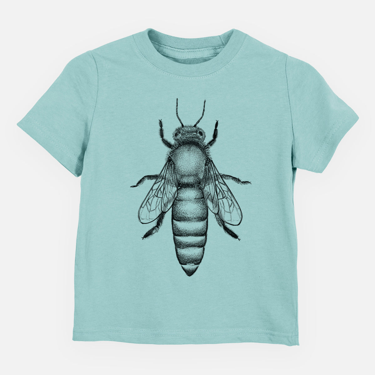 Saltwater toddler t-shirt laid flat, printed with a detailed black ink illustration of a queen honey bee, seen from above.