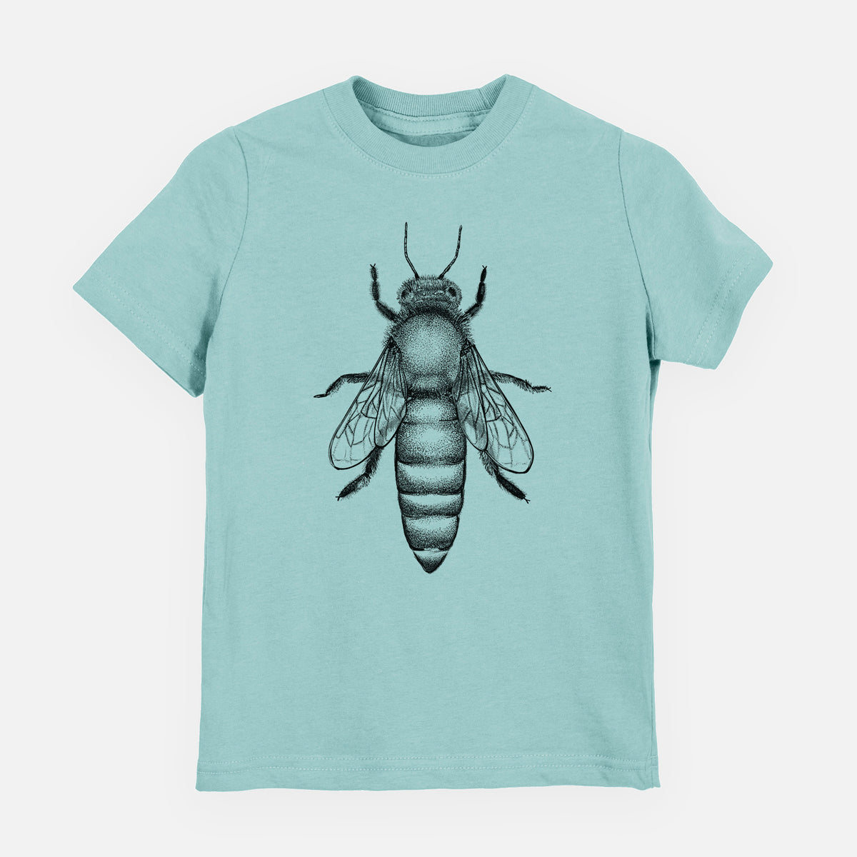 Saltwater youth t-shirt laid flat, printed with a detailed black ink illustration of a queen honey bee, seen from above.