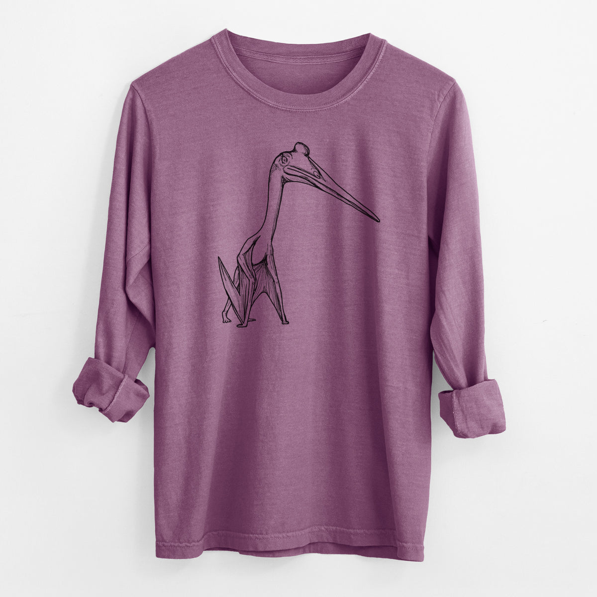 Berry pink Comfort Colors long sleeve shirt laid flat with the cuffs rolled, printed with a black ink illustration of a Quetzalcoatlus pterosaur standing on all fours.