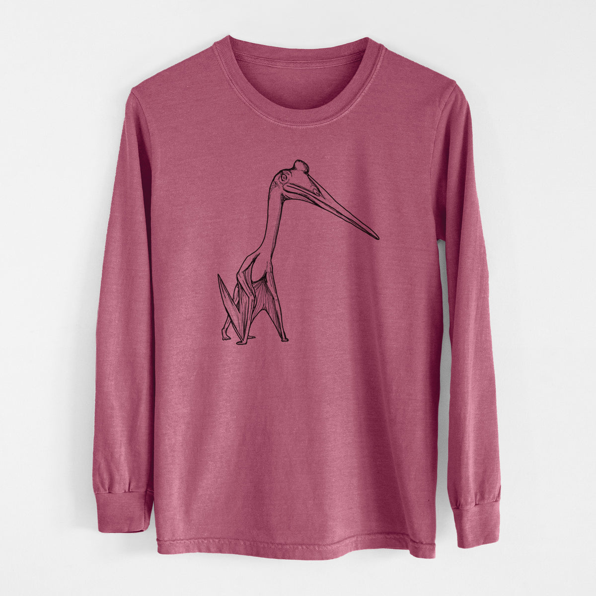 Crimson Comfort Colors long sleeve shirt laid flat, printed with a black ink illustration of a Quetzalcoatlus pterosaur standing on all fours.