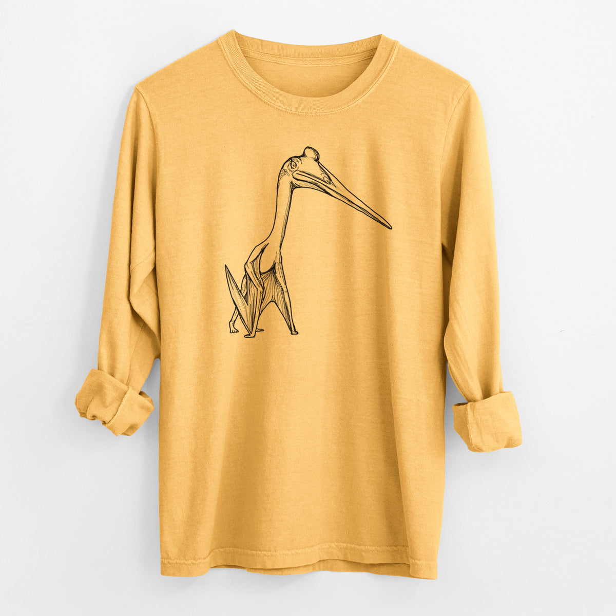 Golden wheat yellow Comfort Colors long sleeve shirt laid flat with the cuffs rolled, printed with a black ink illustration of a Quetzalcoatlus pterosaur standing on all fours.