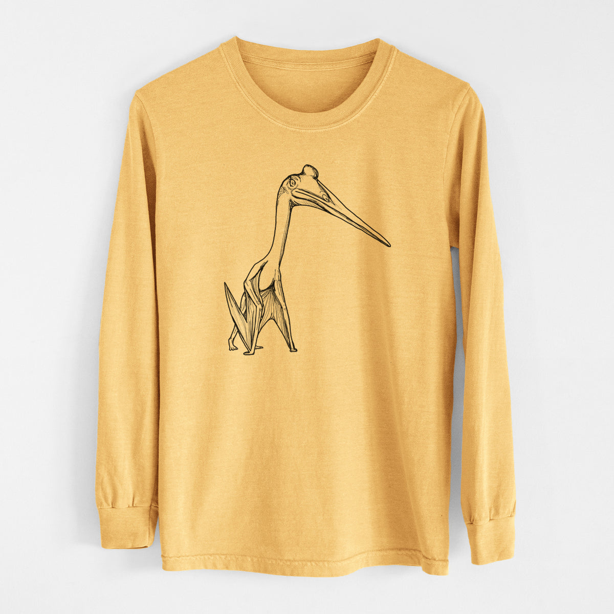 Golden wheat yellow Comfort Colors long sleeve shirt laid flat, printed with a black ink illustration of a Quetzalcoatlus pterosaur standing on all fours.