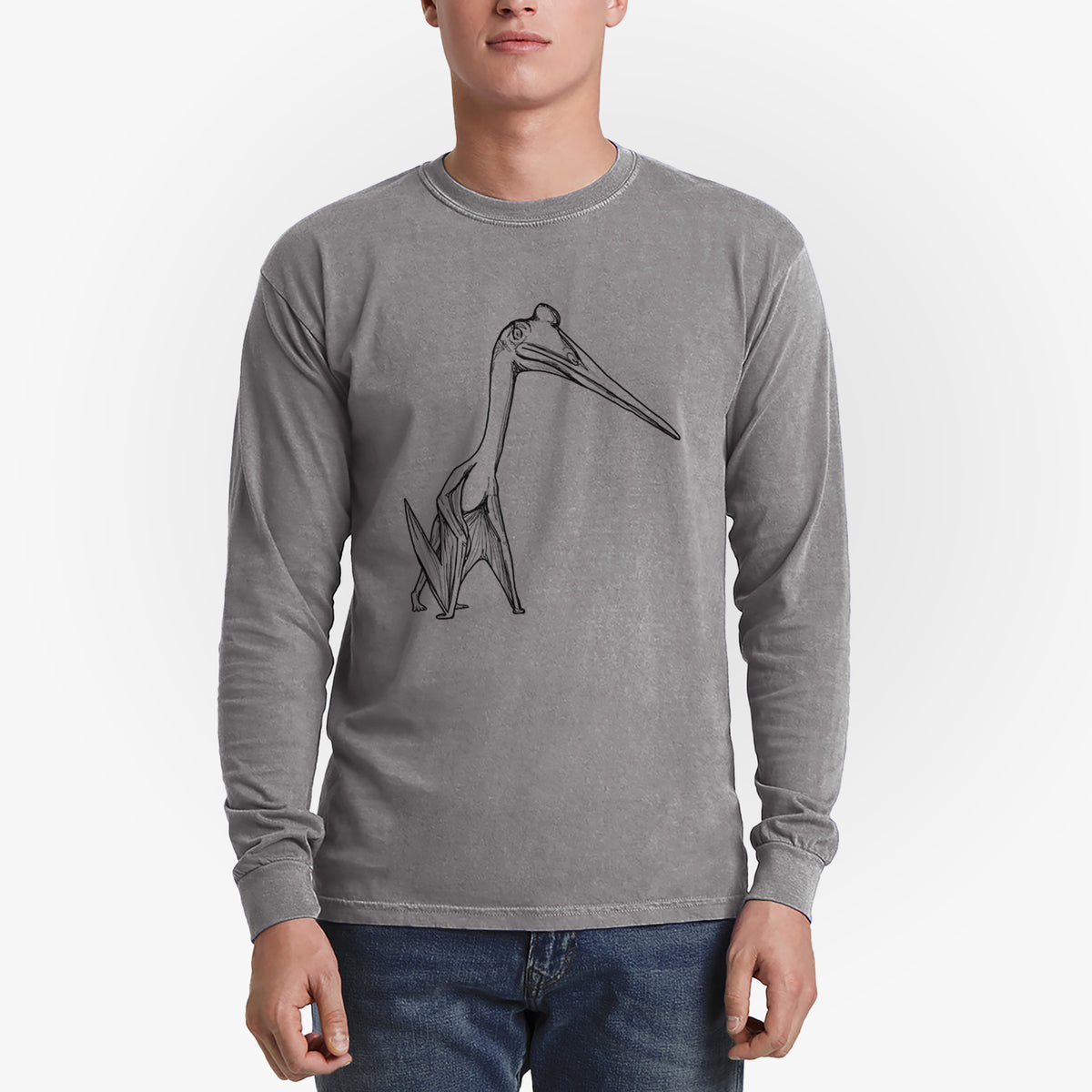 Man wearing a grey Comfort Colors long sleeve shirt printed with a black ink illustration of a Quetzalcoatlus pterosaur standing on all fours.