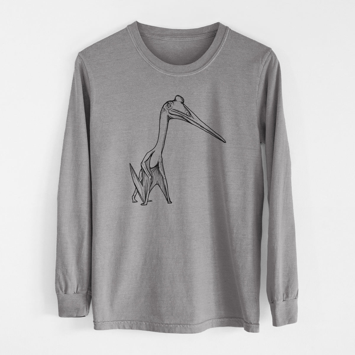 Grey Comfort Colors long sleeve shirt laid flat, printed with a black ink illustration of a Quetzalcoatlus pterosaur standing on all fours.
