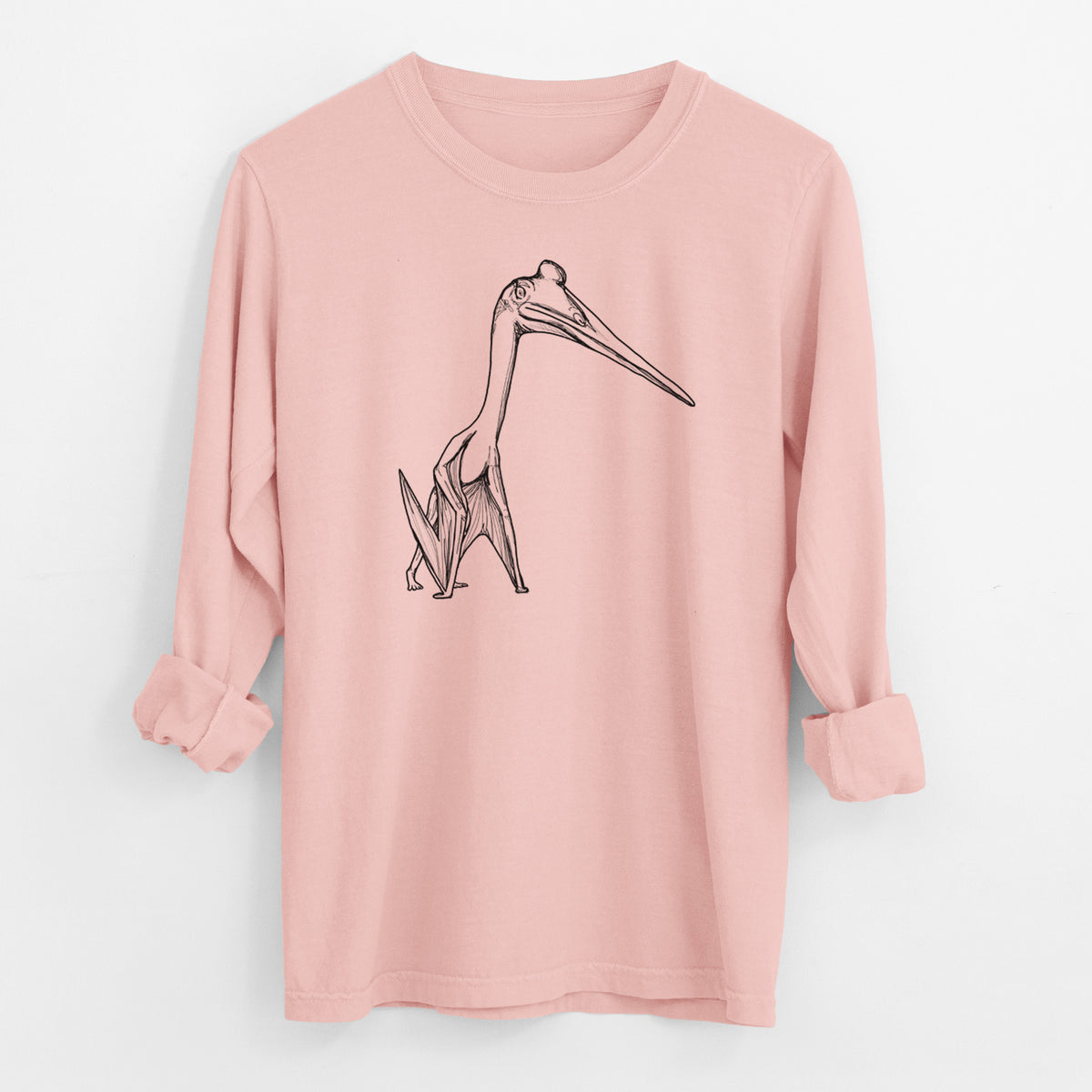 Peachy Comfort Colors long sleeve shirt laid flat with the cuffs rolled, printed with a black ink illustration of a Quetzalcoatlus pterosaur standing on all fours.