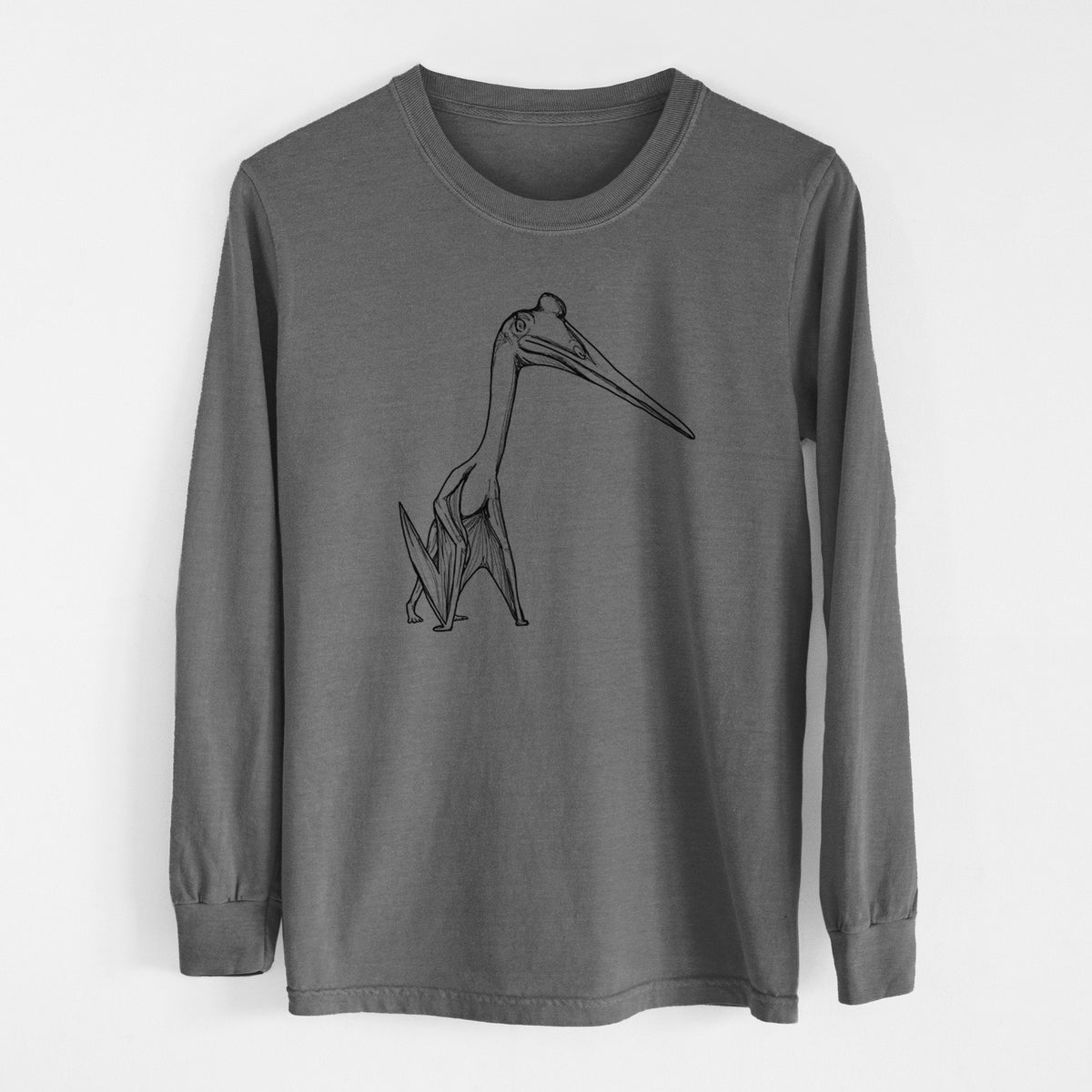 Pepper Comfort Colors long sleeve shirt laid flat, printed with a black ink illustration of a Quetzalcoatlus pterosaur standing on all fours.