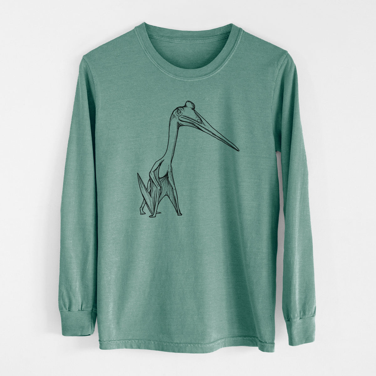 Pine green Comfort Colors long sleeve shirt laid flat, printed with a black ink illustration of a Quetzalcoatlus pterosaur standing on all fours.