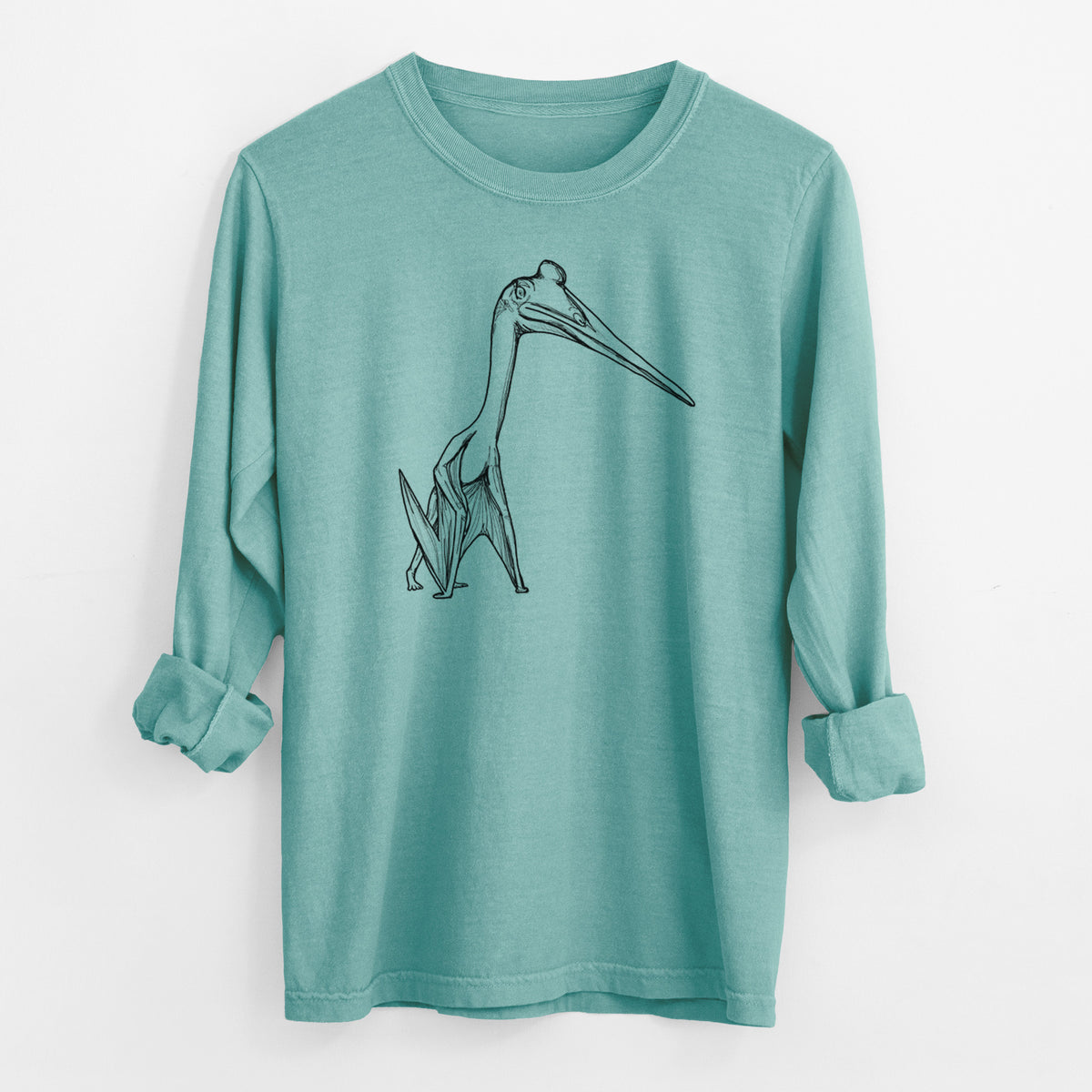 Reef green Comfort Colors long sleeve shirt laid flat with the cuffs rolled, printed with a black ink illustration of a Quetzalcoatlus pterosaur standing on all fours.