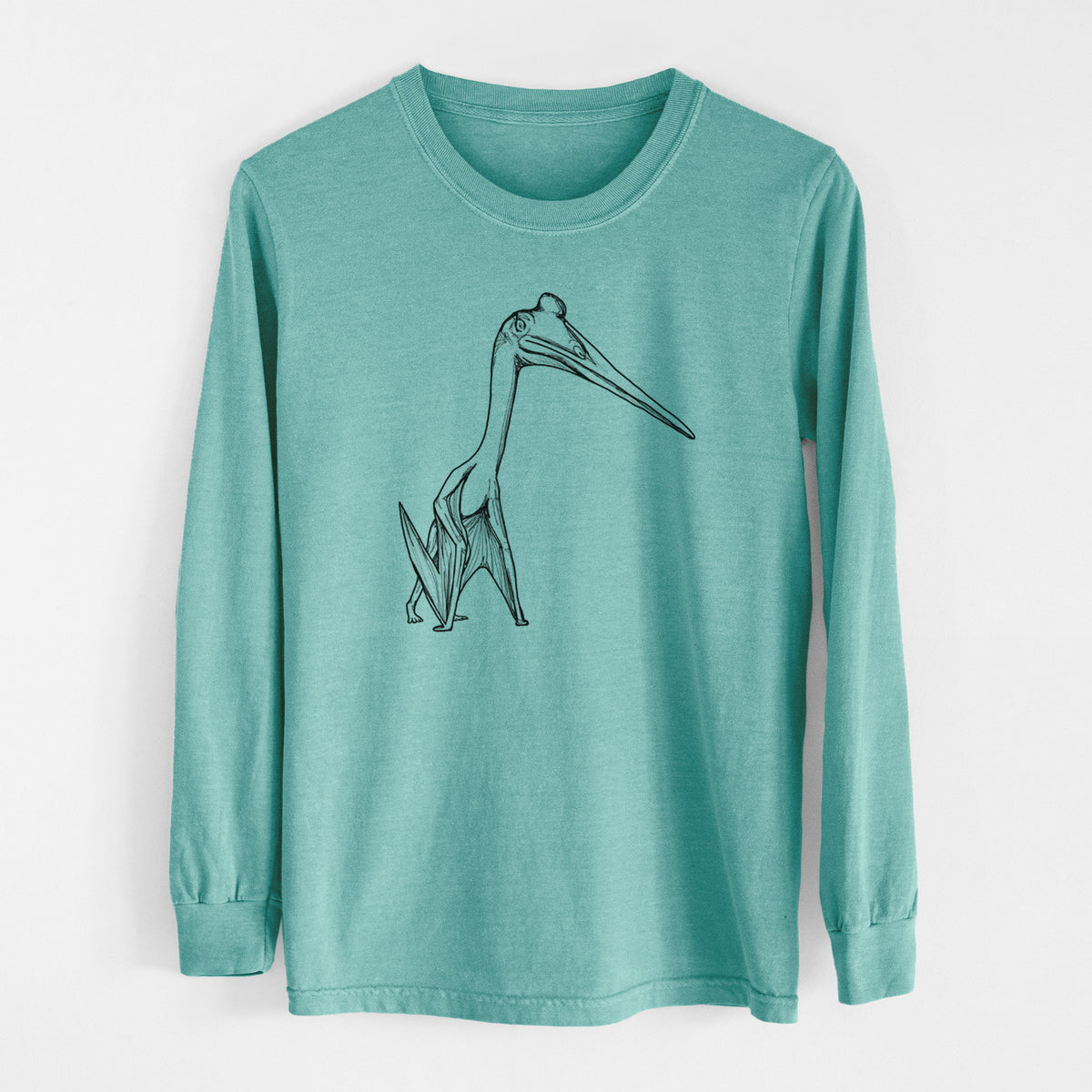 Reef green Comfort Colors long sleeve shirt laid flat, printed with a black ink illustration of a Quetzalcoatlus pterosaur standing on all fours.