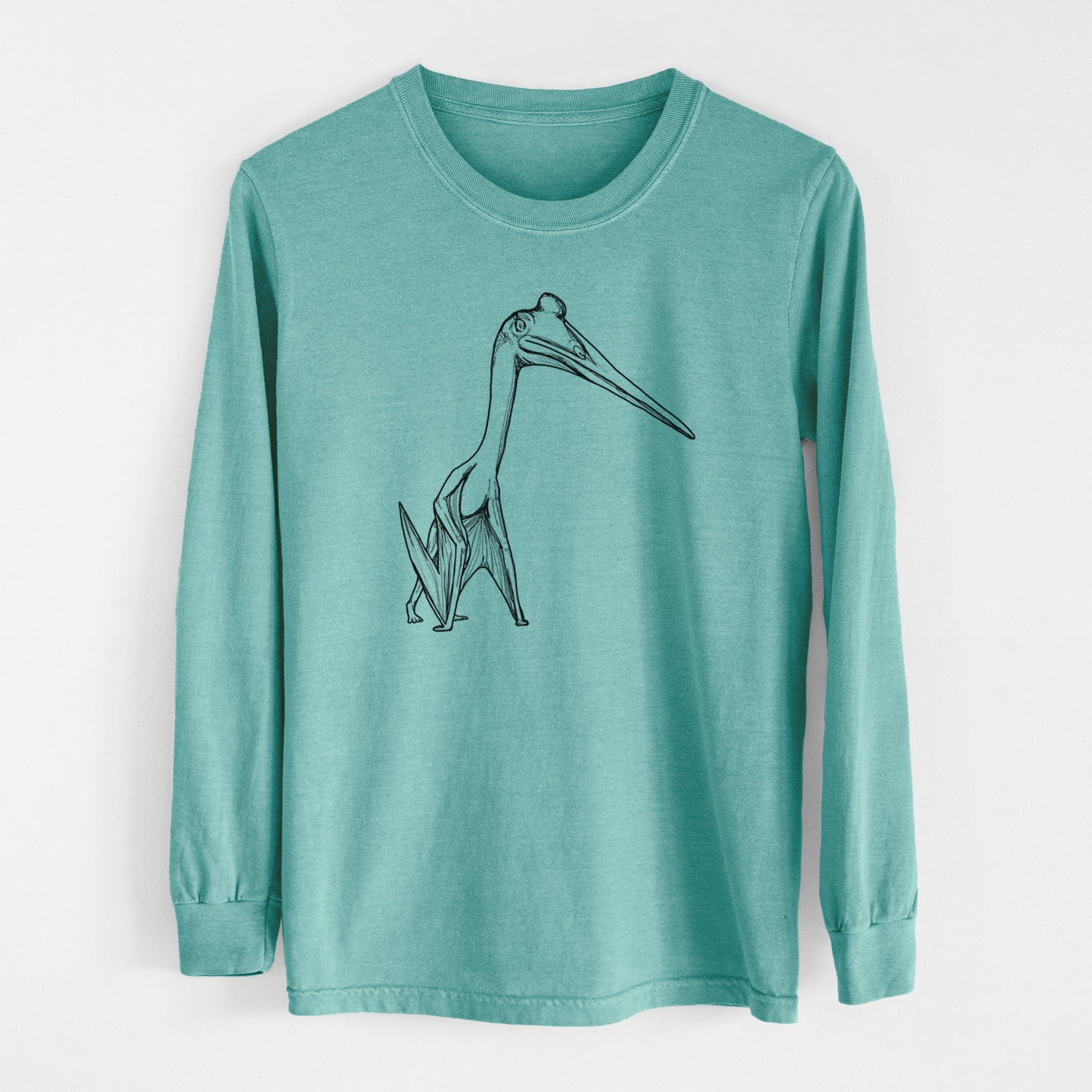 Reef green Comfort Colors long sleeve shirt laid flat, printed with a black ink illustration of a Quetzalcoatlus pterosaur standing on all fours.