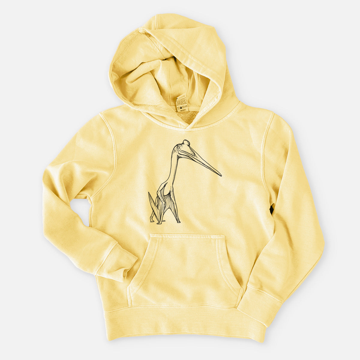 Pigment yellow youth pigment dyed hoodie laid flat, printed with a black ink illustration of a Quetzalcoatlus pterosaur standing on all fours.