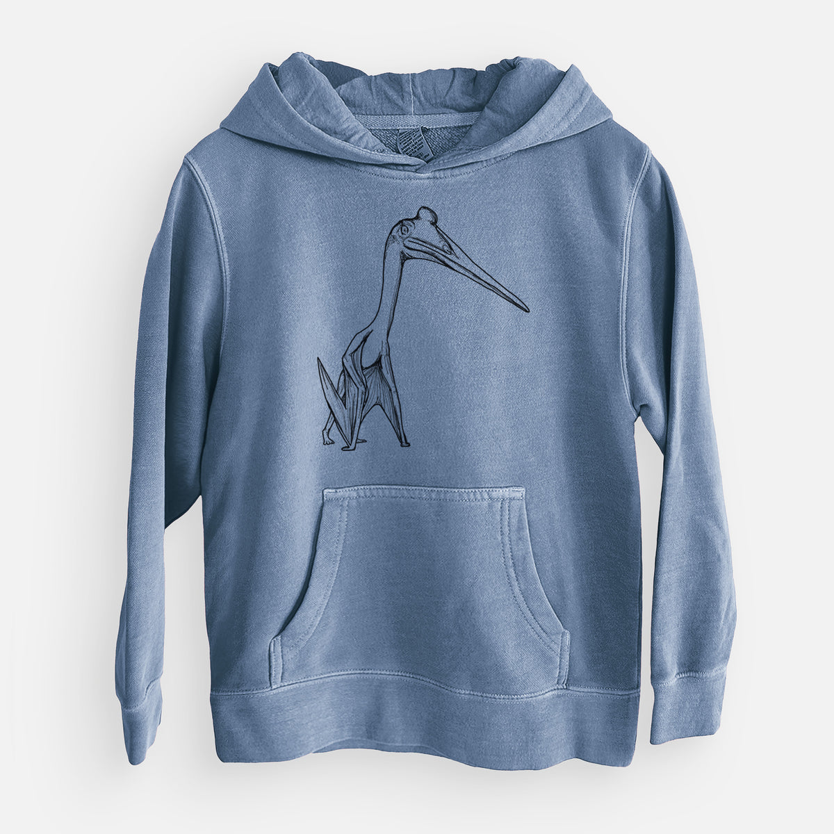 Slate blue youth pigment dyed hoodie laid flat, printed with a black ink illustration of a Quetzalcoatlus pterosaur standing on all fours.