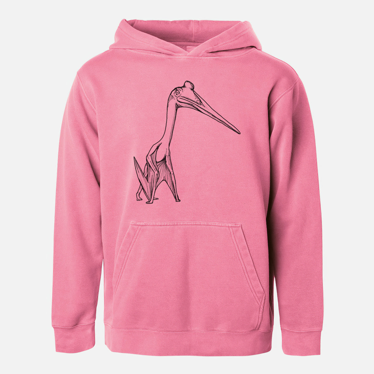 Pigment pink youth pigment dyed hoodie laid flat, printed with a black ink illustration of a Quetzalcoatlus pterosaur standing on all fours.