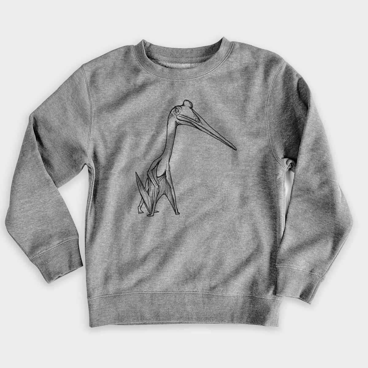Nickel grey youth crewneck sweatshirt laid flat, printed with a black ink illustration of a Quetzalcoatlus pterosaur standing on all fours.