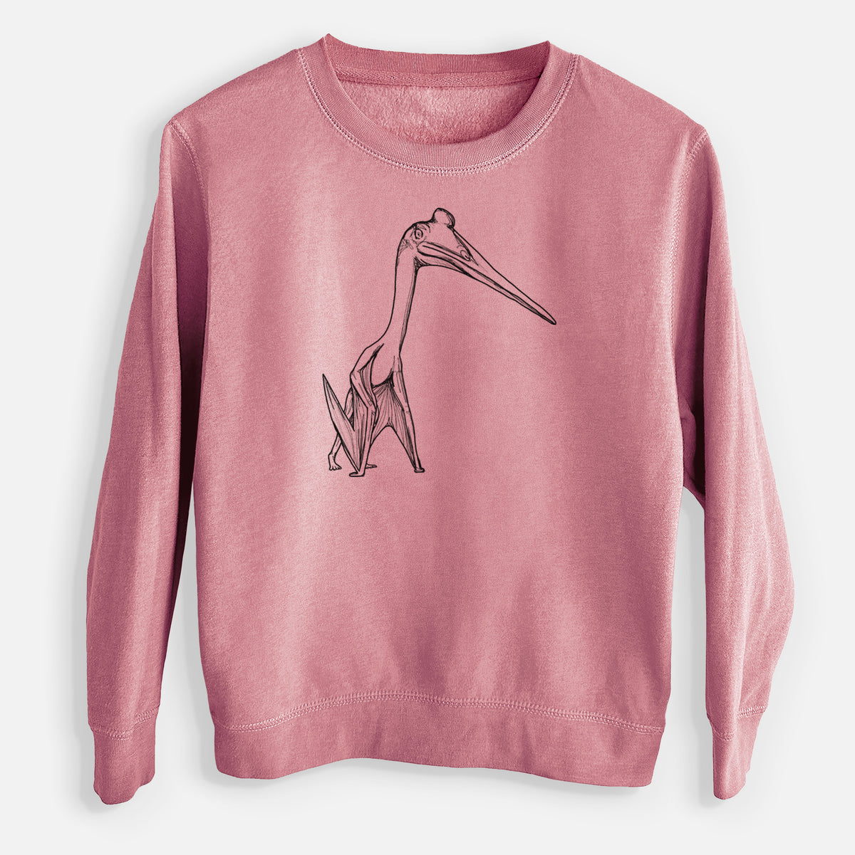 Mauve pink youth crewneck sweatshirt laid flat, printed with a black ink illustration of a Quetzalcoatlus pterosaur standing on all fours.