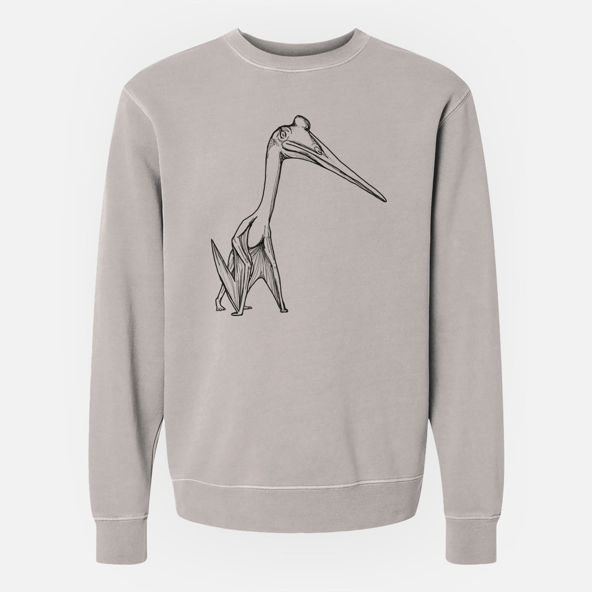 Cement grey pigment dyed crewneck sweatshirt laid flat, printed with a black ink illustration of a Quetzalcoatlus pterosaur standing on all fours.