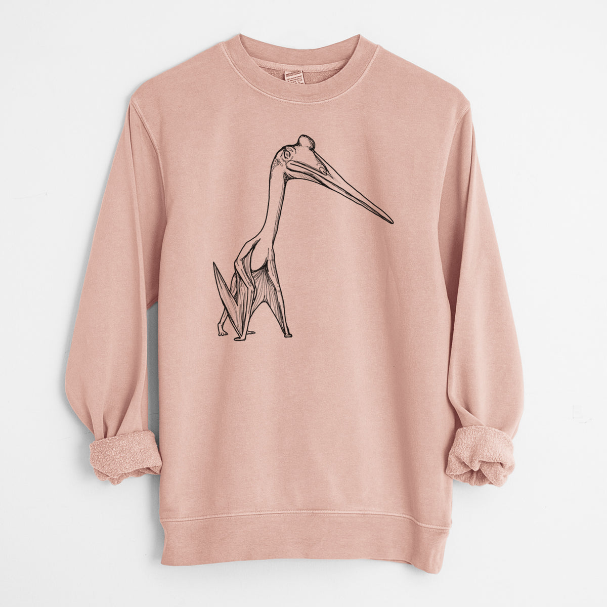Dusty pink pigment dyed crewneck sweatshirt laid flat with the sleeves rolled, printed with a black ink illustration of a Quetzalcoatlus pterosaur standing on all fours.