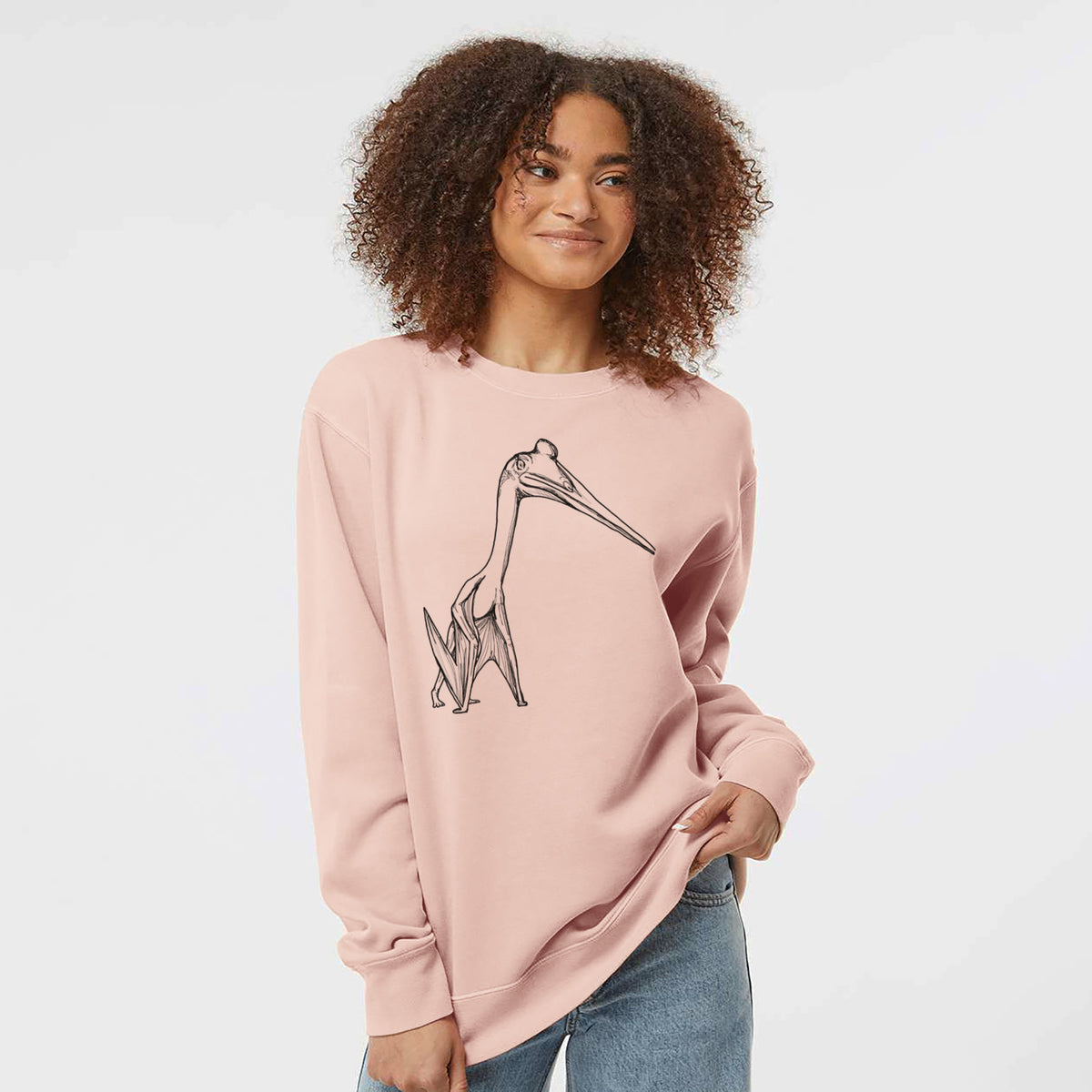 Model wearing a dusty pink pigment dyed crewneck sweatshirt printed with a black ink illustration of a Quetzalcoatlus pterosaur standing on all fours.