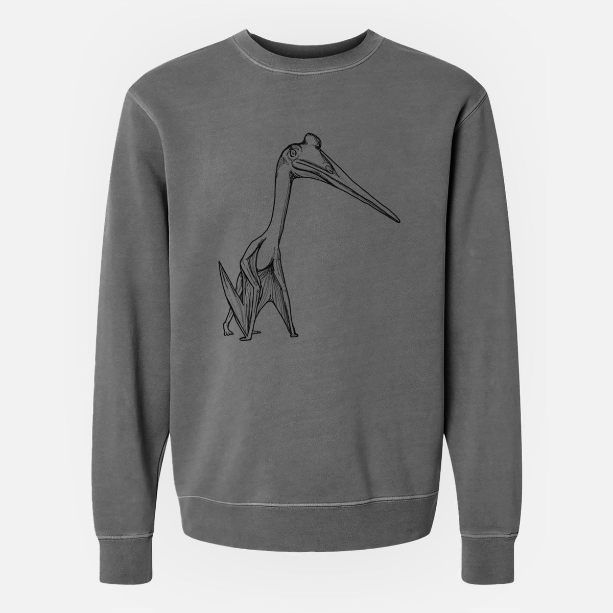 Faded black pigment dyed crewneck sweatshirt laid flat, printed with a black ink illustration of a Quetzalcoatlus pterosaur standing on all fours.