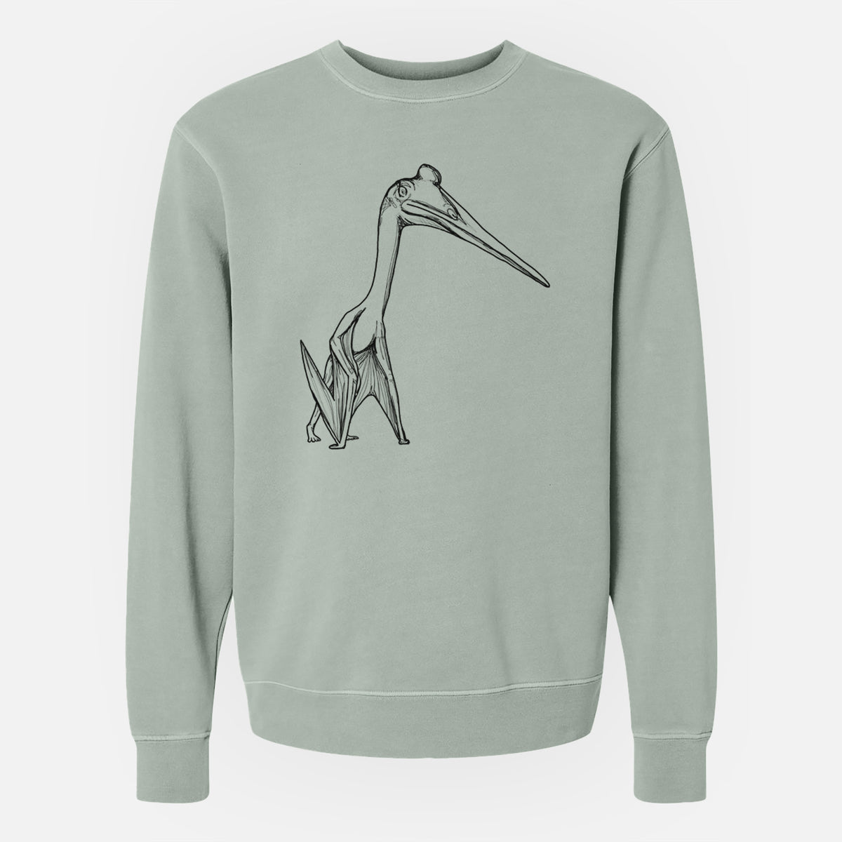 Sage green pigment dyed crewneck sweatshirt laid flat, printed with a black ink illustration of a Quetzalcoatlus pterosaur standing on all fours.