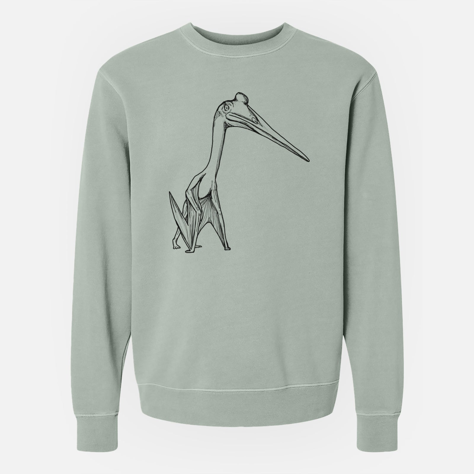 Sage green pigment dyed crewneck sweatshirt laid flat, printed with a black ink illustration of a Quetzalcoatlus pterosaur standing on all fours.