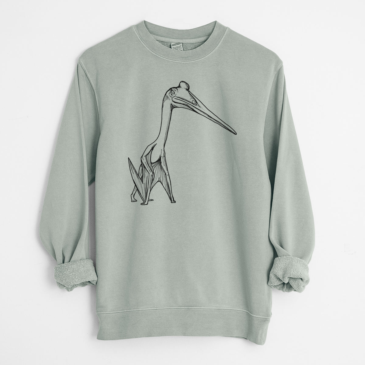 Sage green pigment dyed crewneck sweatshirt laid flat with the sleeves rolled, printed with a black ink illustration of a Quetzalcoatlus pterosaur standing on all fours.