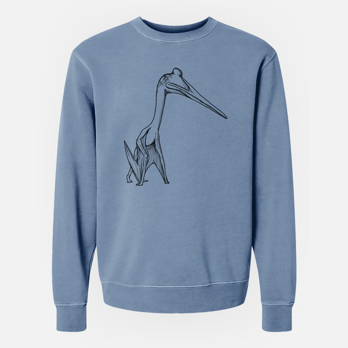 Slate blue pigment dyed crewneck sweatshirt laid flat, printed with a black ink illustration of a Quetzalcoatlus pterosaur standing on all fours.