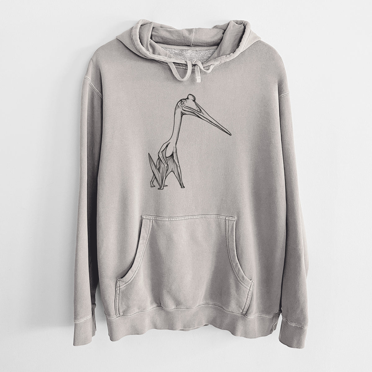 Cement grey pigment dyed hoodie laid flat, printed with a black ink illustration of a Quetzalcoatlus pterosaur standing on all fours.