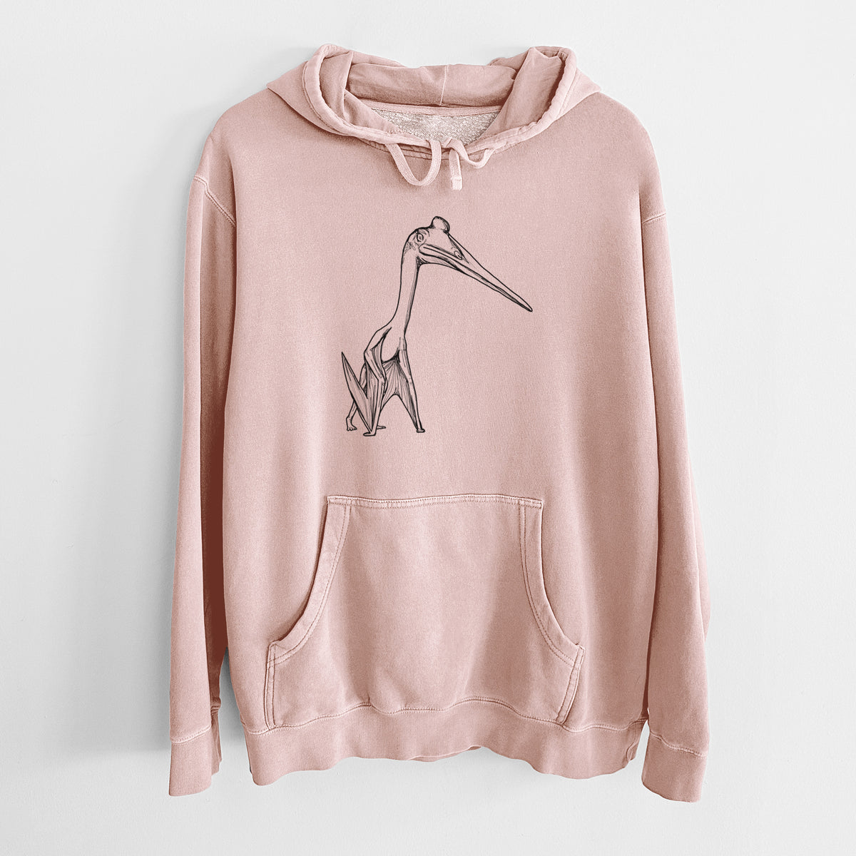 Dusty pink pigment dyed hoodie laid flat, printed with a black ink illustration of a Quetzalcoatlus pterosaur standing on all fours.