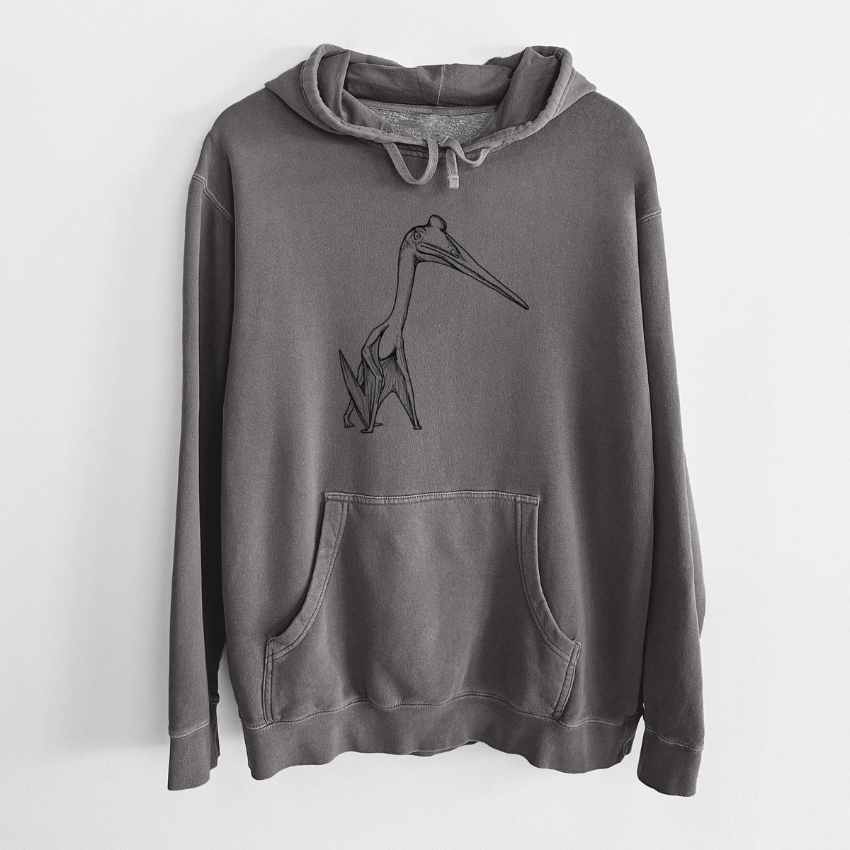 Faded black pigment dyed hoodie laid flat, printed with a black ink illustration of a Quetzalcoatlus pterosaur standing on all fours.