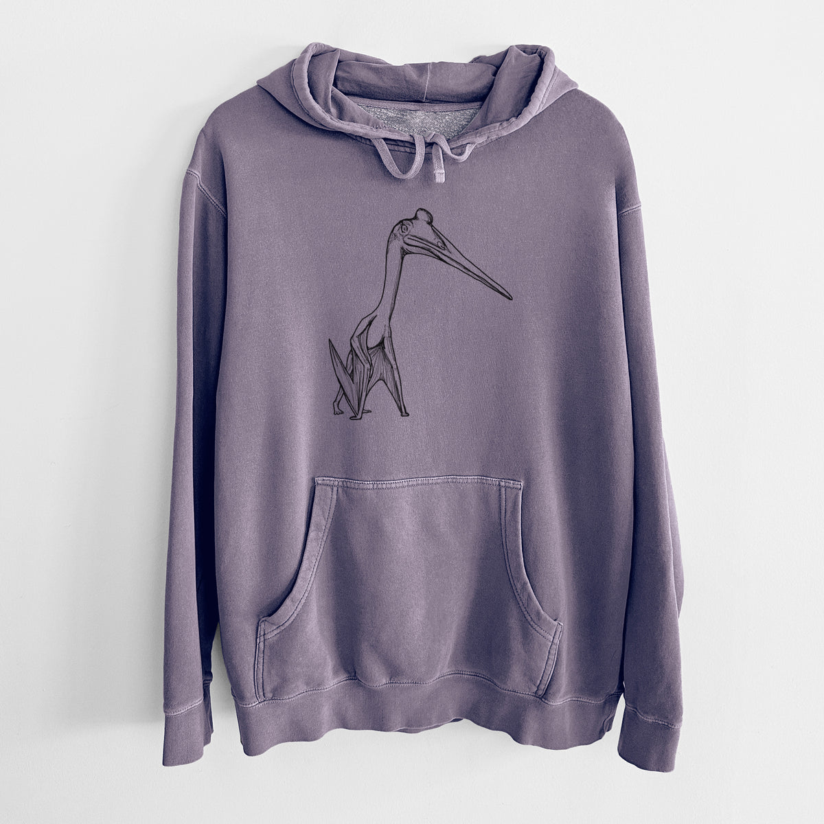 Plum purple pigment dyed hoodie laid flat, printed with a black ink illustration of a Quetzalcoatlus pterosaur standing on all fours.