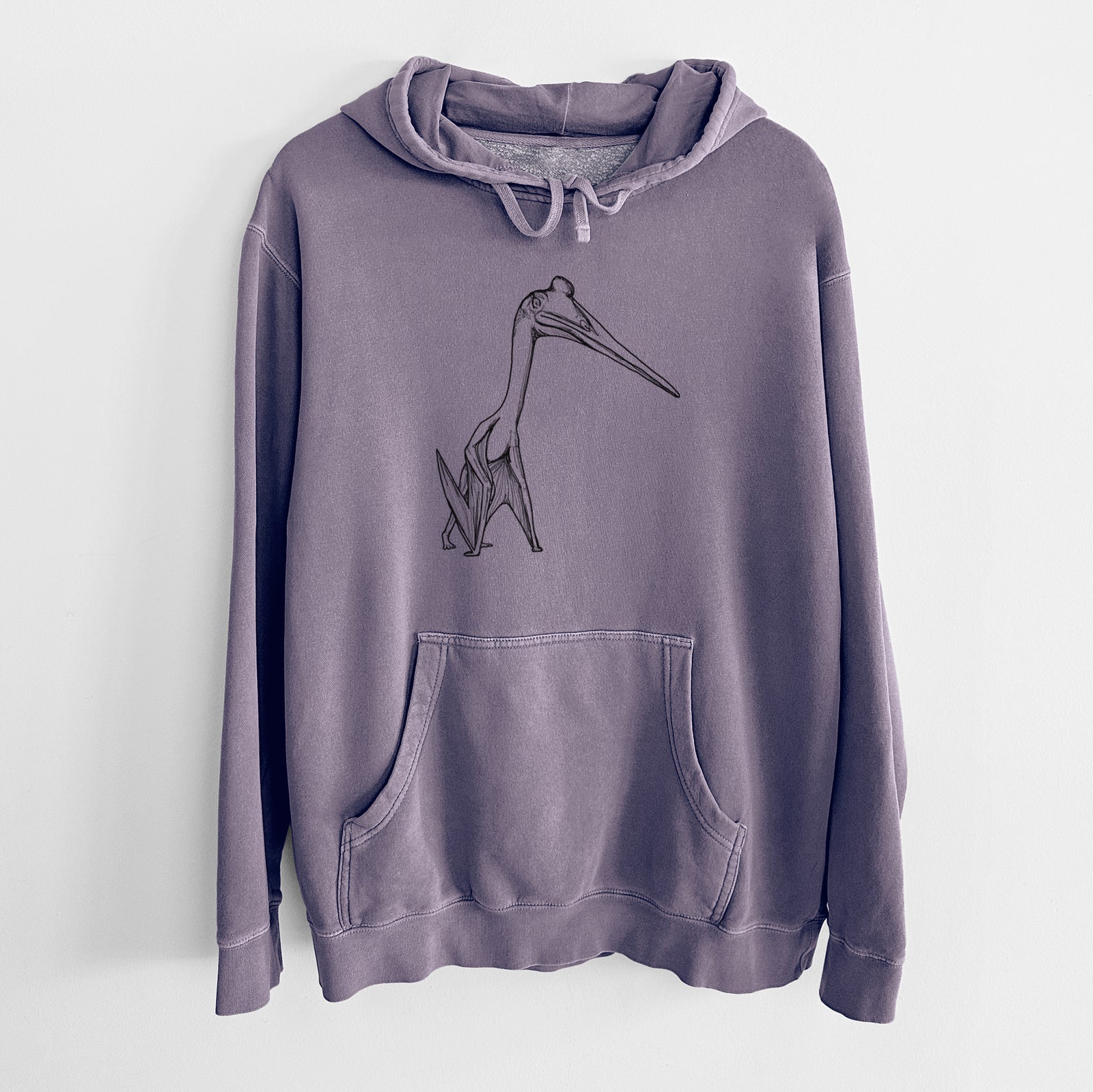 Plum purple pigment dyed hoodie laid flat, printed with a black ink illustration of a Quetzalcoatlus pterosaur standing on all fours.