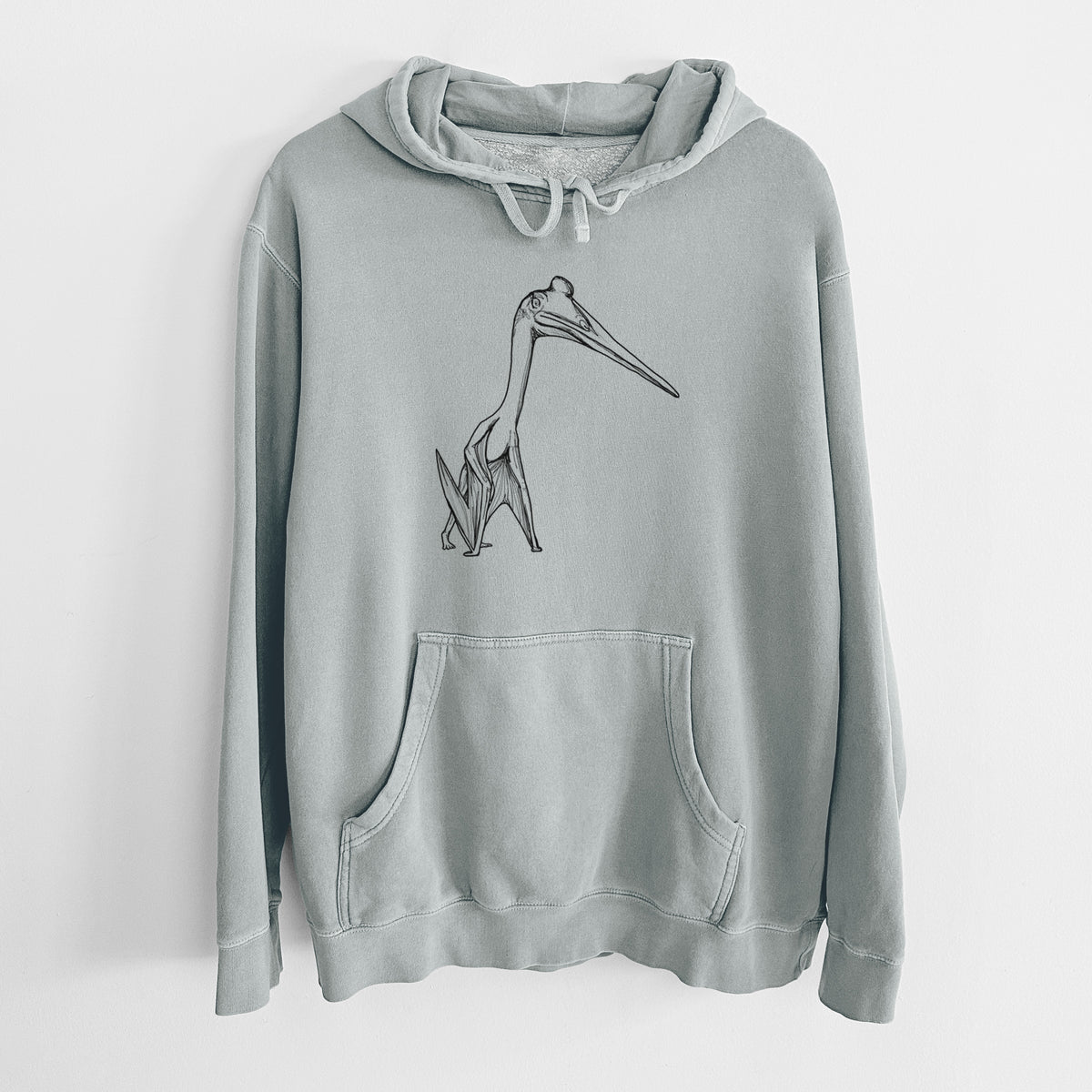Sage green pigment dyed hoodie laid flat, printed with a black ink illustration of a Quetzalcoatlus pterosaur standing on all fours.